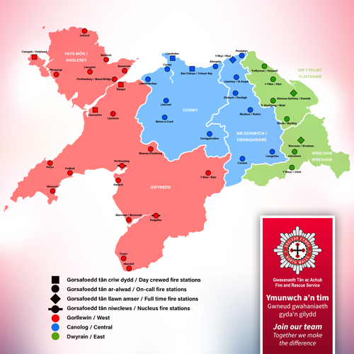map gogledd cymru yn dangos gorsafoedd tan